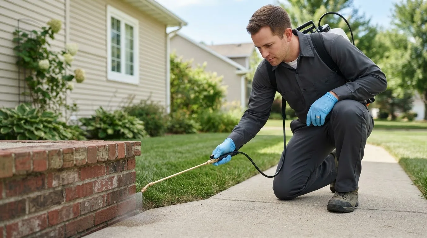 Pest control technician treating a home near New Caney, TX